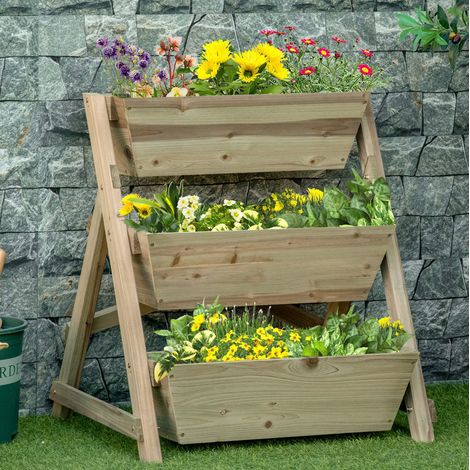 Escalera para plantas 71x61x77 cm color natural de madera maciza con 3 niveles y drenaje (1/5)