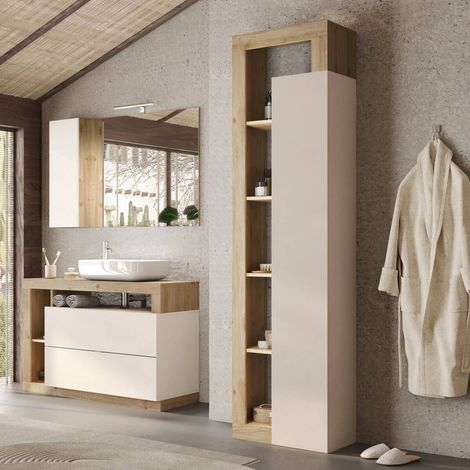 Ensemble meuble vasque 92cm + colonne beige et aspect bois Cadiz - ARTURO