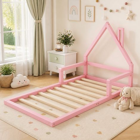 Cama infantil de madera de pino rosa 90x200 cm con diseño de casita y somier de láminas (1/5)