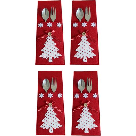 Sac À Couverts De Noël - Tissu Non Tissé - Pour Couteaux Fourchettes Et Cuillères - Décoration De Table Arbre De Noël - Lot De 4 (1/5)