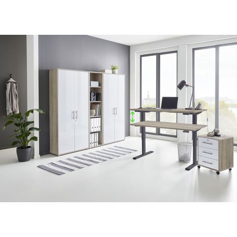 BMG Möbel Büromöbel komplett Set mit elektrisch höhenverstellbaren Schreibtisch Arbeitszimmer e-Dition in Eiche Sonoma/weiß Hochglanz lackiert/Gestell anthrazit
