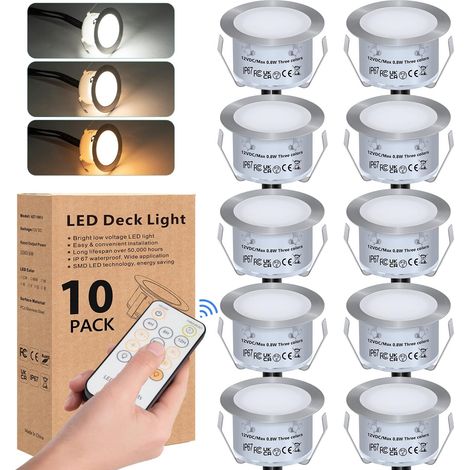 Kit de projecteurs extérieurs encastrés 10 LED pour terrasse, LED encastrée avec télécommande 0.8 W IP67 DC12 V Éclairage encastré miniature imperméable de 42 mm pour patio/allée/mur/jardin/pont/ déco