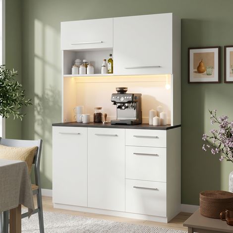 Buffet haut 120x40x180 cm avec tiroirs et étagères, rangement multi-niveaux, prises USB-C/A intégrées, bande LED colorée, panneau de particules, blanc (1/5)