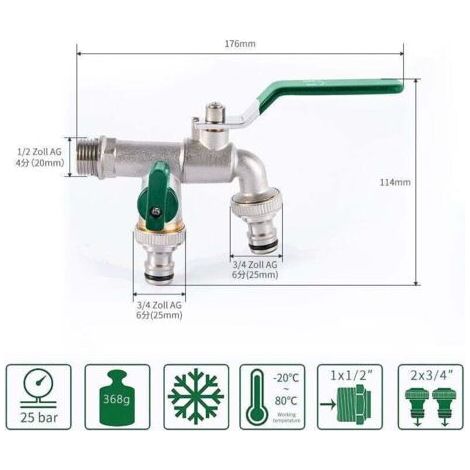 NALOOKAMIC Premium robinet double 1/2 pouce vert/Robinet double en laiton avec 2x 3/4 pouces de sortie /Robinet extérieur anti-rouille et (1/3)