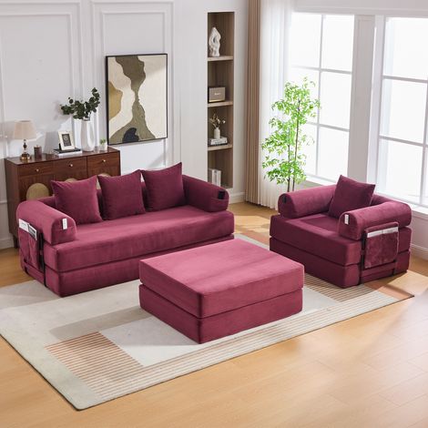 Sofá modular de 4 plazas en pana con otomana, 4 cojines y bolsillo lateral, burdeos (1/5)