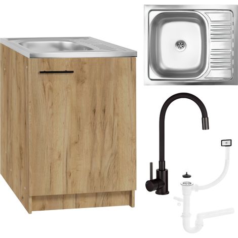 Küchenschrank, goldene Eiche – 60 x 50 cm – mit schwarzem Wasserhahn – flexiblem Schlauch – Siphon