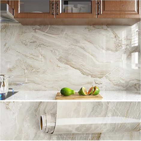 Papier Peint Marbre Beige Epais Papier Adhesif Marbre Vinyle Adhesif Cuisine Lavable Papiers Peints Adhesif Mural Salon Stickers Muraux Salle de Bain Autocollant Meuble 40cm × 300cm (1/4)