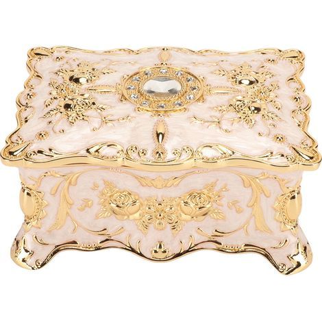 Boîte à bijoux vintage style européen, doublure velours élégante, organisateur en alliage zinc doré et blanc pour cadeau d'anniversaire (1/5)