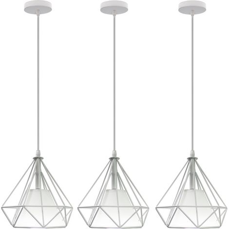 Pendant Lighting Fixture, Vintage Industrial Hanging Ceiling Lamp with Lampshade, Ø20cm Metal Diamond Cage Chandelier E27 Base for Bedroom Living Room Kichen Island - 3 Lights (White)