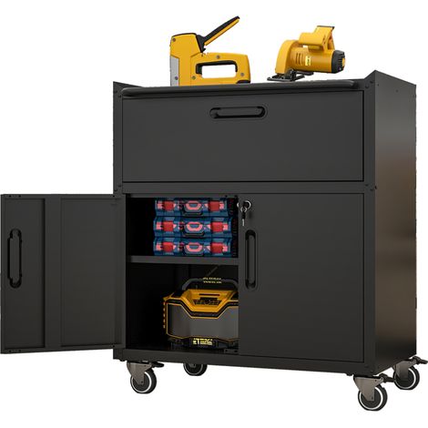 Armoire à outils métallique à roulettes pour garage – armoire mobile robuste avec 1 tiroir, 2 portes verrouillables, armoire de rangement d'outils roulante, H 88 × L 75 × P 42 cm, en noir-gris (1/4)