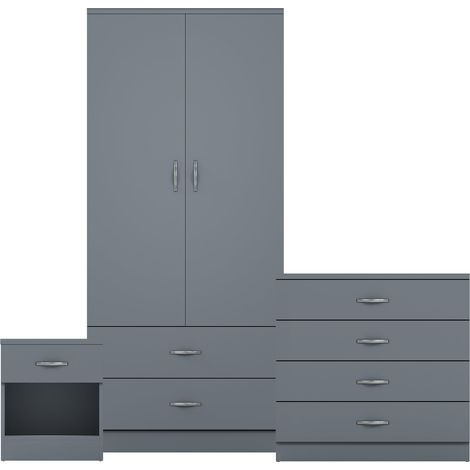 Riano 3 Piece Bedroom Set (1 Drw Bedside Chest, 4 Drw Chest, 2 Door 2 Drw Wardrobe), Grey (1/3)