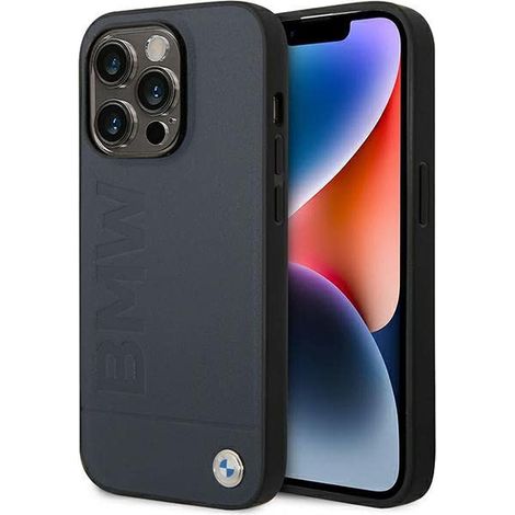 Coque rigide bleu marine BMW BMHMP14XSLLNA pour iPhone 14 Pro Max 6,7" en cuir estampé à chaud, compatible MagSafe