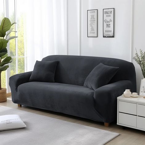 Housse de canapé en velours noir extensible (deux places, 145-185 cm). (1/5)