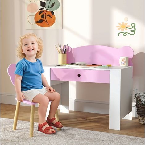 Bureau enfant avec chaise, tiroir et dossier en forme d’ours, rose et blanc HAVRYA (1/4)