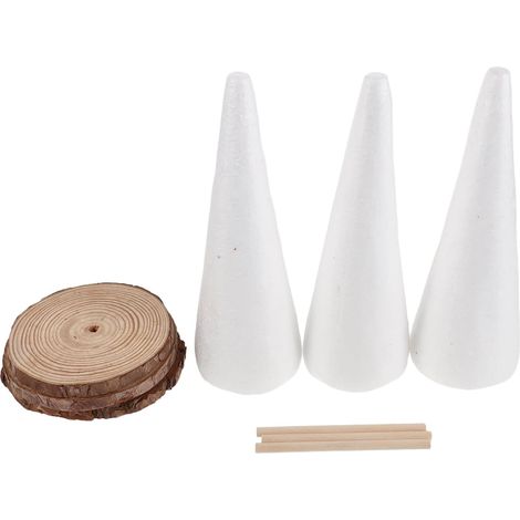 3 Ensembles Cônes en Mousse Blancs Non Finition pour Décoration de Noël avec Base en Bois Détachable, Facile à Peindre et Sculpter pour Projets d'art Festifs (1/5)