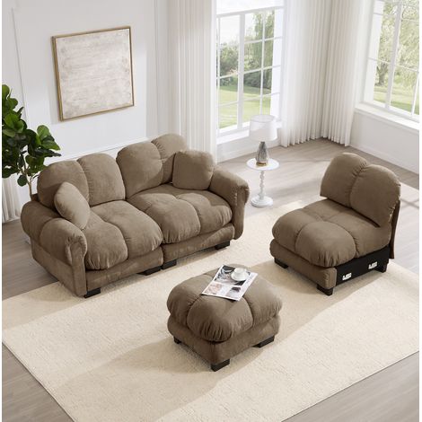 Canapé d’angle L 3 places en chenille marron, avec ottomane mobile et 2 coussins (1/5)