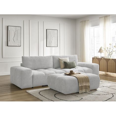 BOBOCHIC - Canapé droit fixe 3 places ANAKIN tissu bouclette avec pouf Gris clair (1/5)