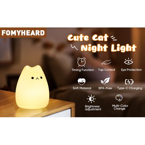 Veilleuse Enfant/Bébé,7 Couleurs Kawaii Chat,Veilleuse LED Rechargeable,Fonction Minuterie Lampe Chevet Silicone, Tactile Cadeau Fille (1/4)
