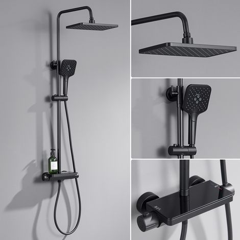 LONHEO MAX Duschsystem mit Thermostat, Regendusche mit 3-Funktionen Handbrause, Kopfbrause und Ablage für Badezimmer, Schwarz (1/5)
