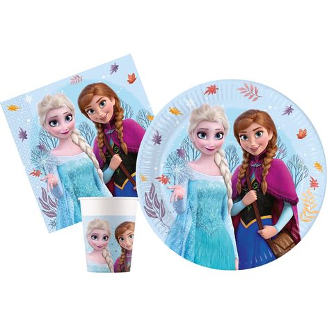 Kit Party Tavola Disney Frozen Idyllic Wonder per 8 persone (36 pezzi: 8 piatti Ø23cm, 8 bicchieri 200ml, 20 tovaglioli 33x33cm) in carta FSC compostabile eco-friendly (1/2)