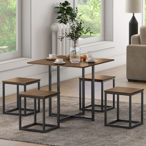 Juego de comedor de 5 piezas con mesa y 4 taburetes de cocina de estilo industrial, conjunto de muebles que ahorra espacio para el hogar o restaurante en madera y metal, color negro y madera. (1/5)