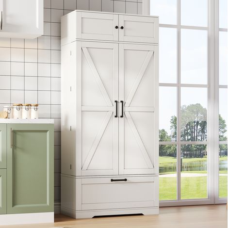 MODFU – Armario de almacenamiento de cocina 80x40x180 cm de MDF con cajón, compartimento para 7 botellas, estantes regulables, 2 paquetes y montaje 60-90 min – Blanco (1/5)