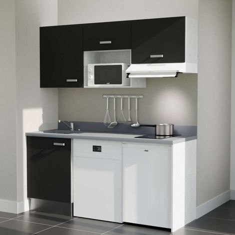 Kitchenette K55L - 180 cm - emplacements hotte, micro-ondes, frigo et lave-vaisselle-Noir-Cromo-évier à gauche