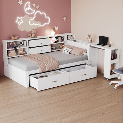 Letto bambini 90x200 cm con scrivania scorrevole, 4 cassetti, ripiani nascosti, presa elettrica e vani portaoggetti, senza materasso, bianco (1/5)
