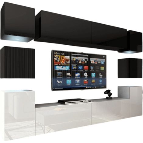 Ensemble meubles de salon suspendus haut noir, bas blanc, collection CEPTO XIV 256 cm, 10 meubles, LEDs