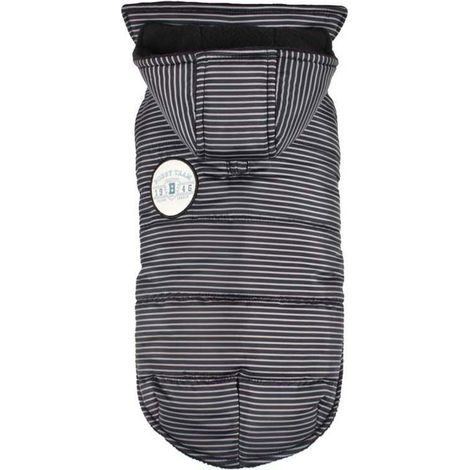 25 cm: Giubbotto per cani modello Raye imbottito nero a righe con cappuccio removibile
