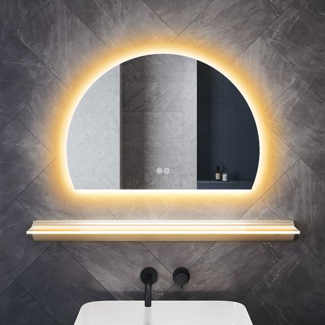SONNI Halbkreisförmig LED Badezimmerspiegel mit Beleuchteter Ablage, Spiegel mit Anti-Beschlag 3 Einstellbare Lichtfarben und Memory-Funktion, 70×50cm