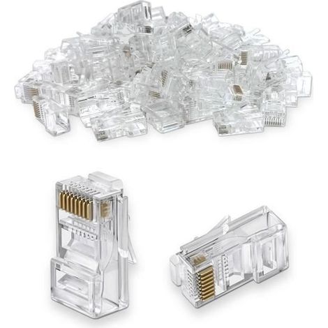 Connecteurs RJ45 Cat6 non blindé 37122 Fiche R45 A Sertir pour tout Câble Réseau, Lot de 100 Connecteurs (1/3)