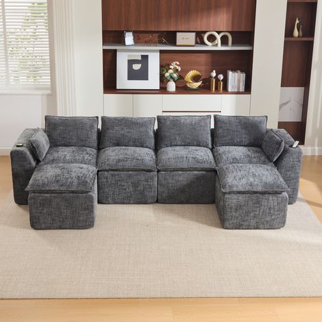 Modulares 4-Sitzer-Sofa mit 2 Hockern, Becherhalter, Seitentaschen, dunkelgrau HAVRYA (1/5)