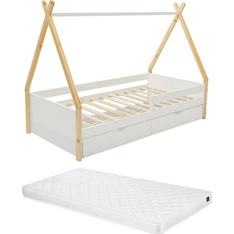 Lit tipi 90 x 190 cm avec tiroirs - Pin et MDF - Coloris : Blanc et naturel + Matelas - LUANCO