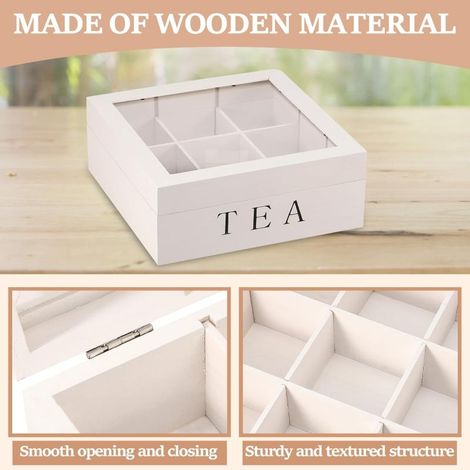 Boîte de rangement pour sachets de thé en bois avec couvercle transparent, 9 compartiments, blanche (1/4)