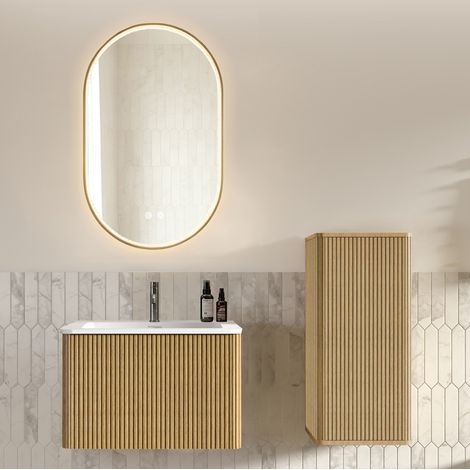 Juego de mueble de baño, lavabo, armario lateral y espejo LED, blanco mate y color roble (1/5)