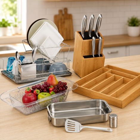 Juego de utensilios de cocina de acero inoxidable (5 piezas): colador para el fregadero, bloque para cuchillos, escurridor de platos y bandeja para cubiertos (1/5)