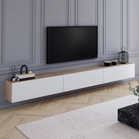 Mueble para televisión suspendido ELIO de 300 cm, con 3 puertas, en madera y blanco