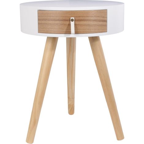 The Home Deco Factory – Table de chevet ronde avec tiroir – Bois blanc et marron – Finition soignée – 3 pieds triangulaires pour stabilité