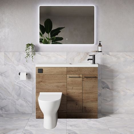 Napoli 250 Tobacco Oak 1000mm 2 Door Vanity Unit Toilet Suite with Round Silvo Basin - 1000mm - Matt Black 160mm HandleWith Jubilee Toilet Pan and Seat