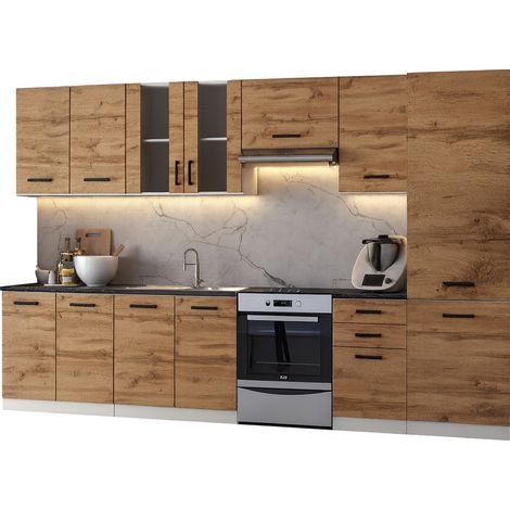 Cuisine complète Jolly BOIS chêne 320 cm avec colonne et vitrine 8 éléments