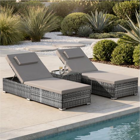 Chaise longue double en rotin avec table Carbonera, dossier réglable - gris