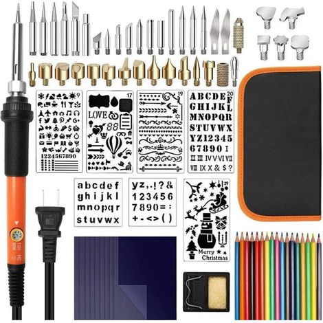 Kit de 79 pièces avec thermostat réglable de 200 à 450 °C, kit d'outils pour pyrogravure : pointes de gaufrage/sculpture/soudure, pochoirs, crayons de couleur/carbone, porte-crayons, étui. (1/5)