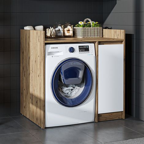 Derin Washing Machine Cabinet with Integrated Side Storage, 100cm - Oak Effect and White