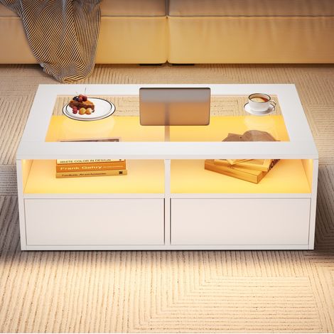 table salon LED rangement double 100 50 35 verre blanc tiroirs OKMYHOME (1/5)