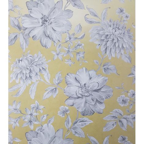Yellow Floral Wallpaper White Grey Flowers Pearlescent Metallic Crown Lucia
