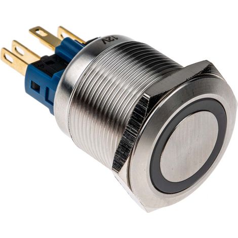 Bouton-poussoir, Verrouillable lumineux, LED Bleu, Unipolaire à deux directions (1RT), 5 A @ 250 V c.a., Argent, ( Prix pour 1 ) (1/4)