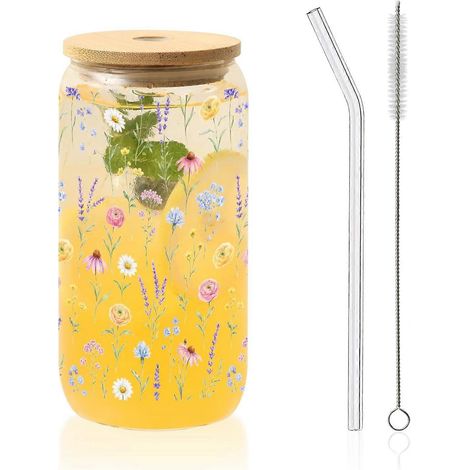 Tasses verre avec couvercles pailles motif fleurs bleues et papillon bleu mug isotherme pour café glacé cadeau Saint-Valentin/anniversaire (Daisy33) (1/5)