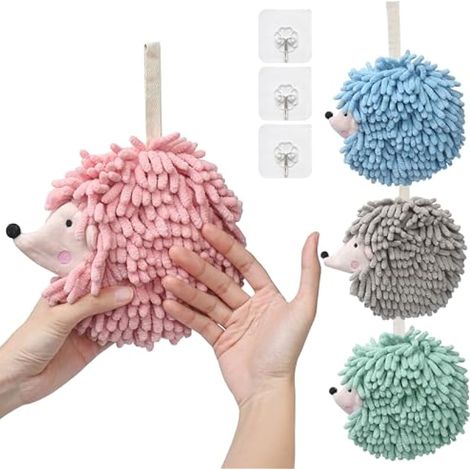 Lot de 4 serviettes à main pelucheuses, serviettes décoratives en forme de hérisson pour sécher vos mains facilement pour la salle de bain (menthe, rose, bleu, gris) (1/5)