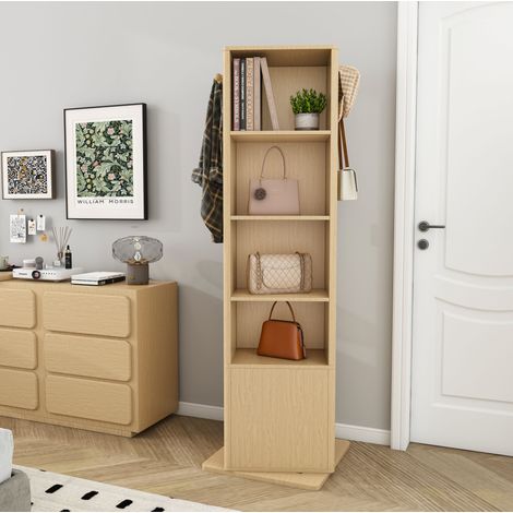 Armadio girevole a 360° con specchio a figura intera e ganci integrati, mobile contenitore per abiti in MDF, salvaspazio, finitura naturale (1/5)
